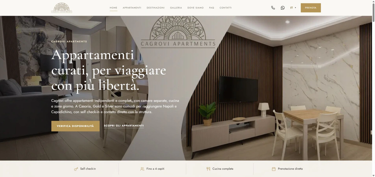 Sito di Cagrovi Apartments con fotografie degli appartamenti e ricerca della disponibilità