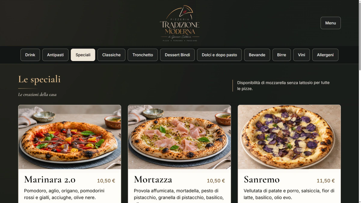 Menu digitale della pizzeria Tradizione Moderna: pizze speciali con fotografie, ingredienti e prezzi