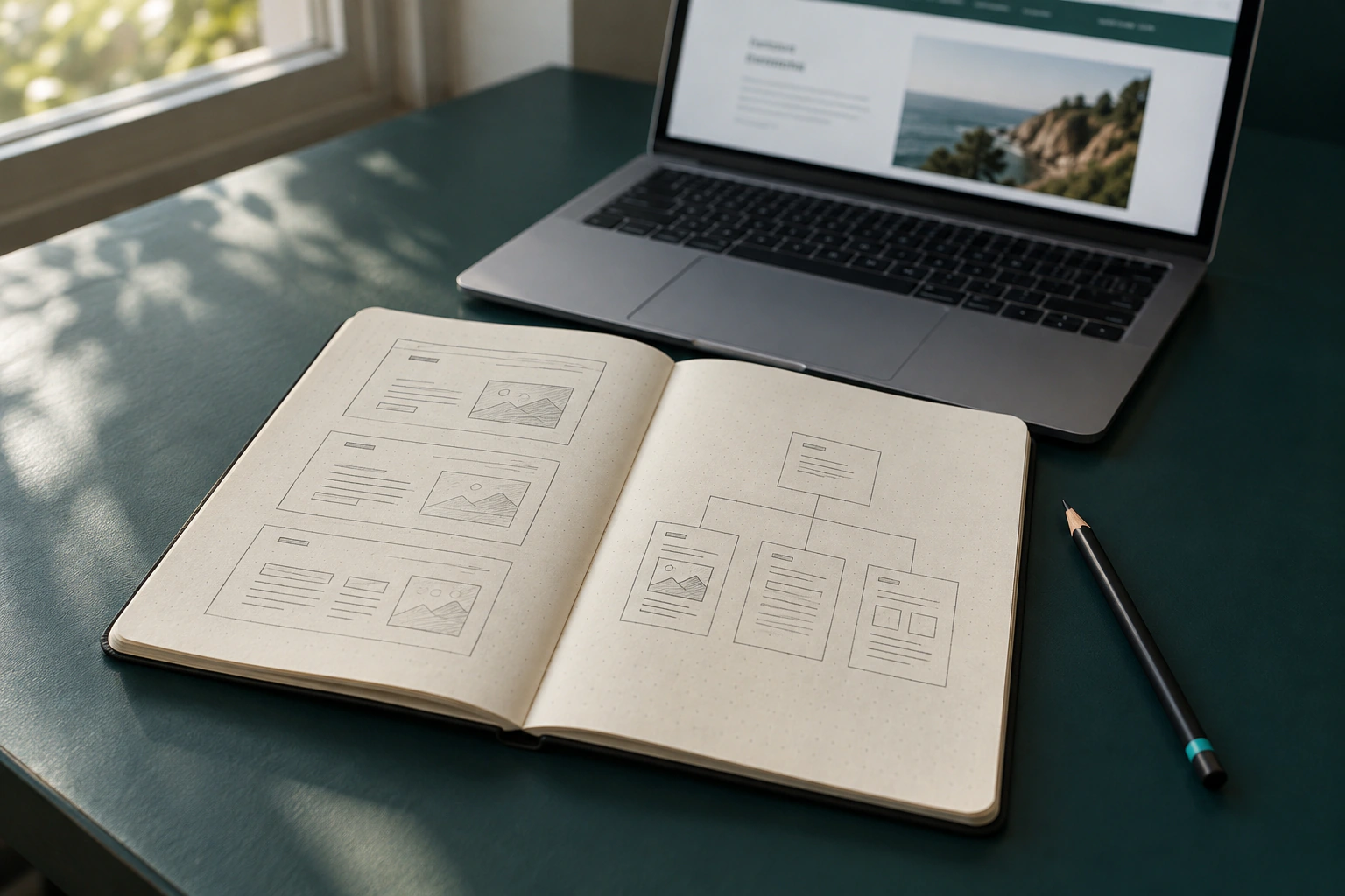 Quaderno con bozze delle pagine e schema dei collegamenti, accanto a un computer portatile