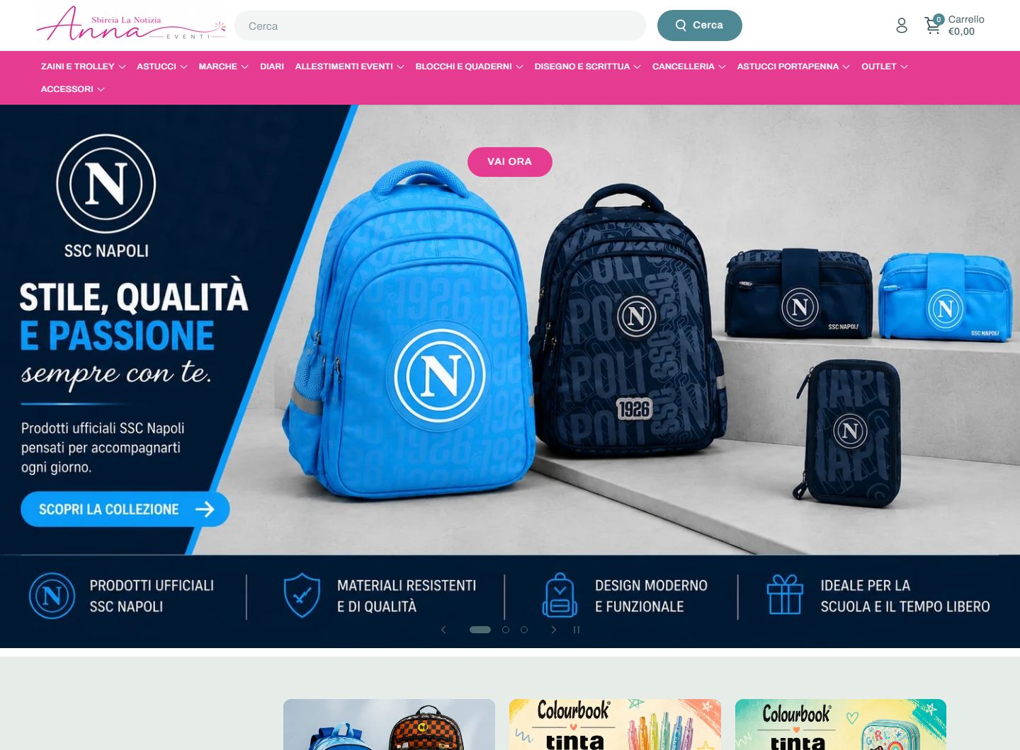 Homepage dello store Anna Sbircia la Notizia Eventi con zaini e astucci in evidenza