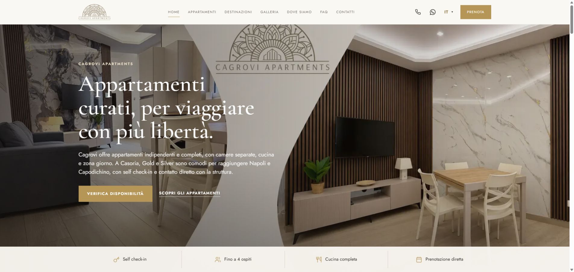 Homepage di Cagrovi Apartments con fotografie degli ambienti e accesso alla disponibilità