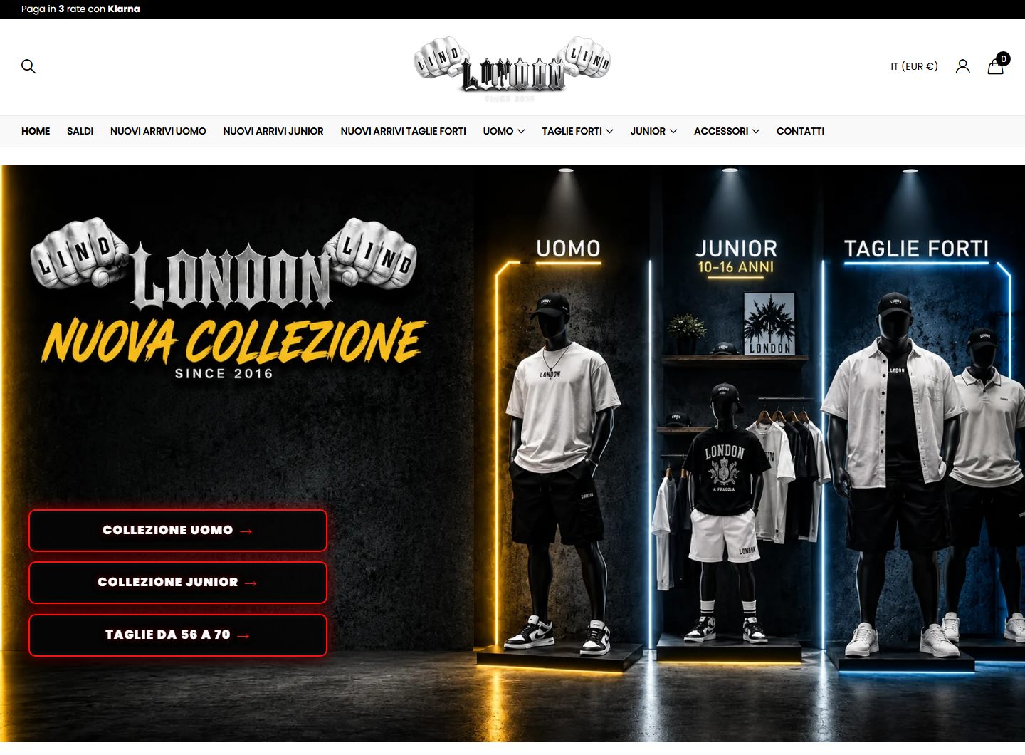 Homepage dello store Lino London con le collezioni uomo, junior e taglie calibrate