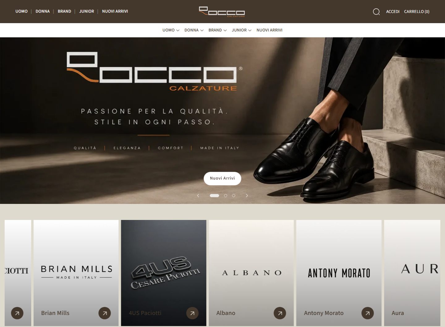 Homepage Rocco Calzature con la selezione dei brand