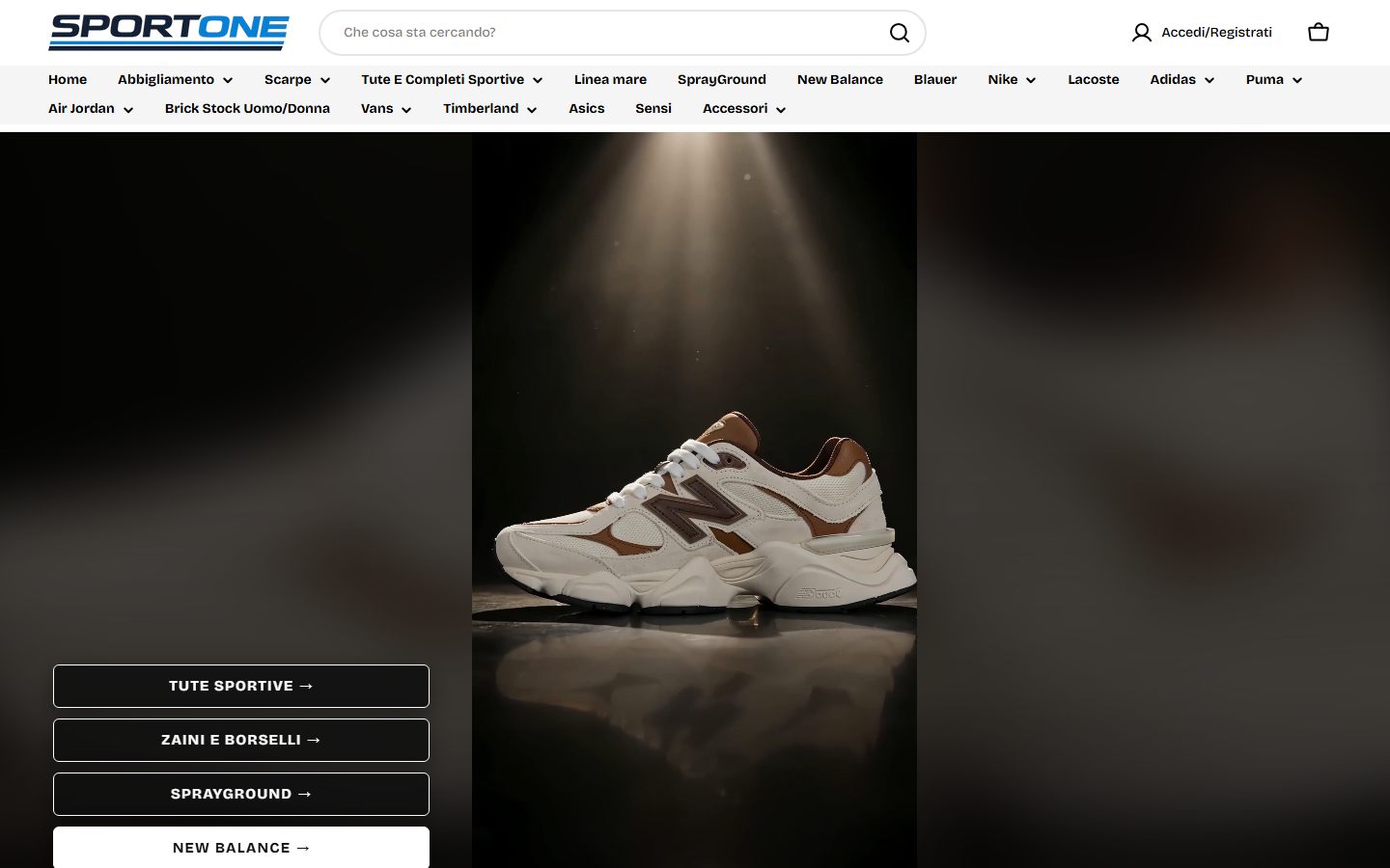 Homepage dello store Sport One con i percorsi verso tute, zaini e brand sportivi