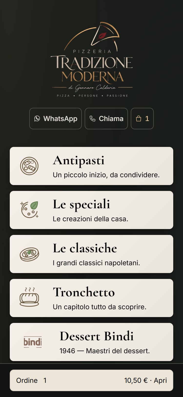 Menu online di Tradizione Moderna da smartphone, con categorie, contatti e accesso al carrello
