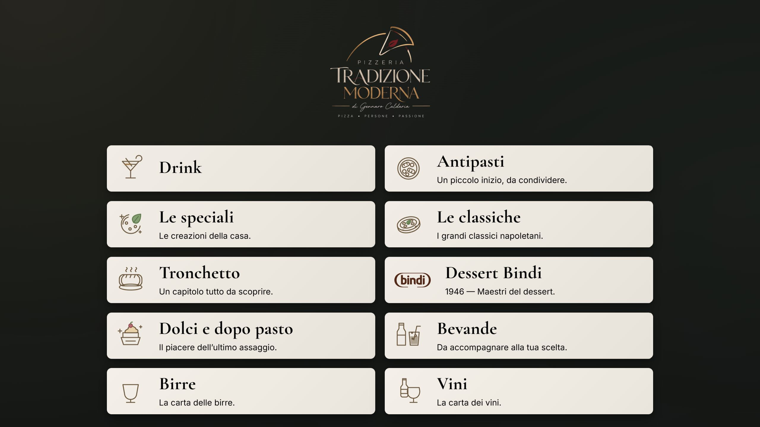 Menu digitale di Pizzeria Tradizione Moderna da computer, con logo e categorie in due colonne