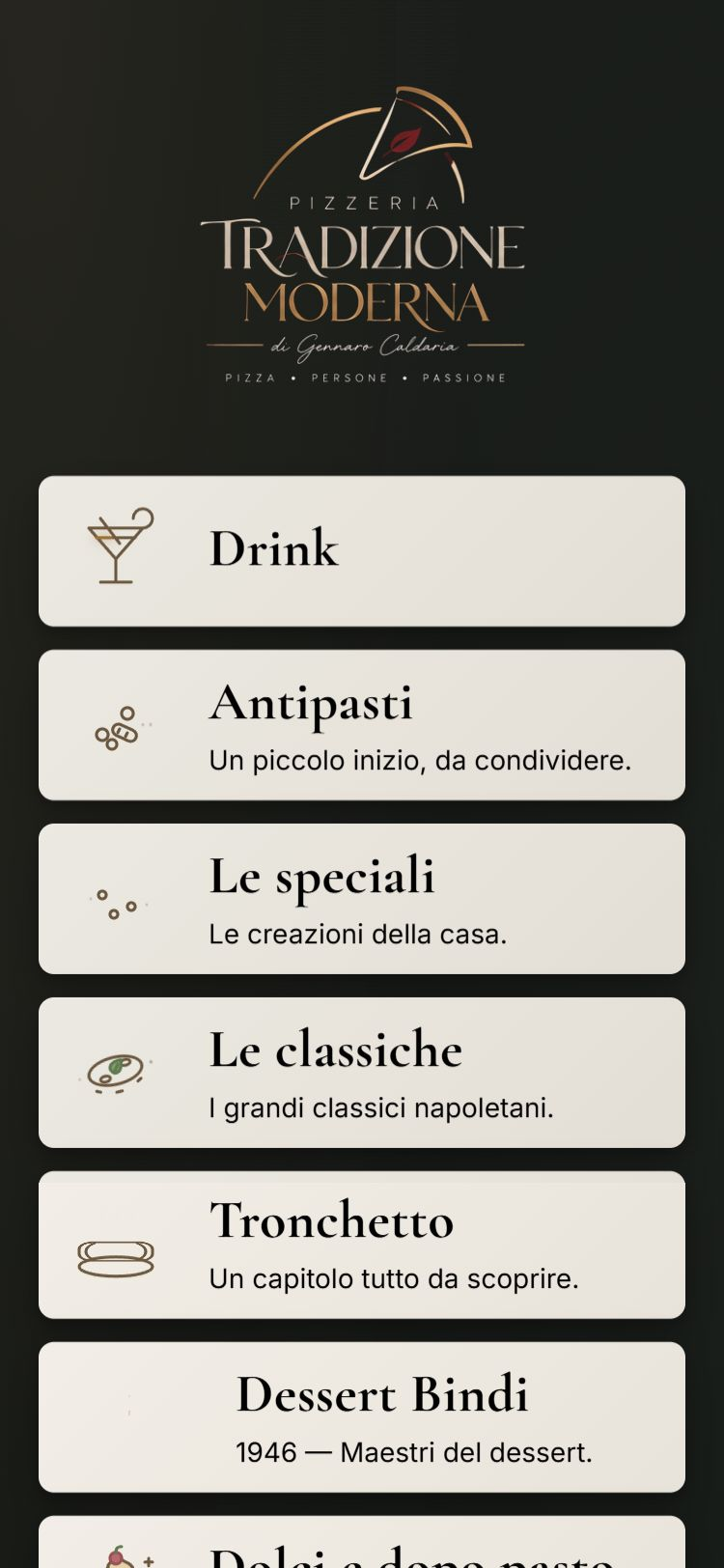 Menu digitale con QR code di Tradizione Moderna da smartphone, con categorie e icone