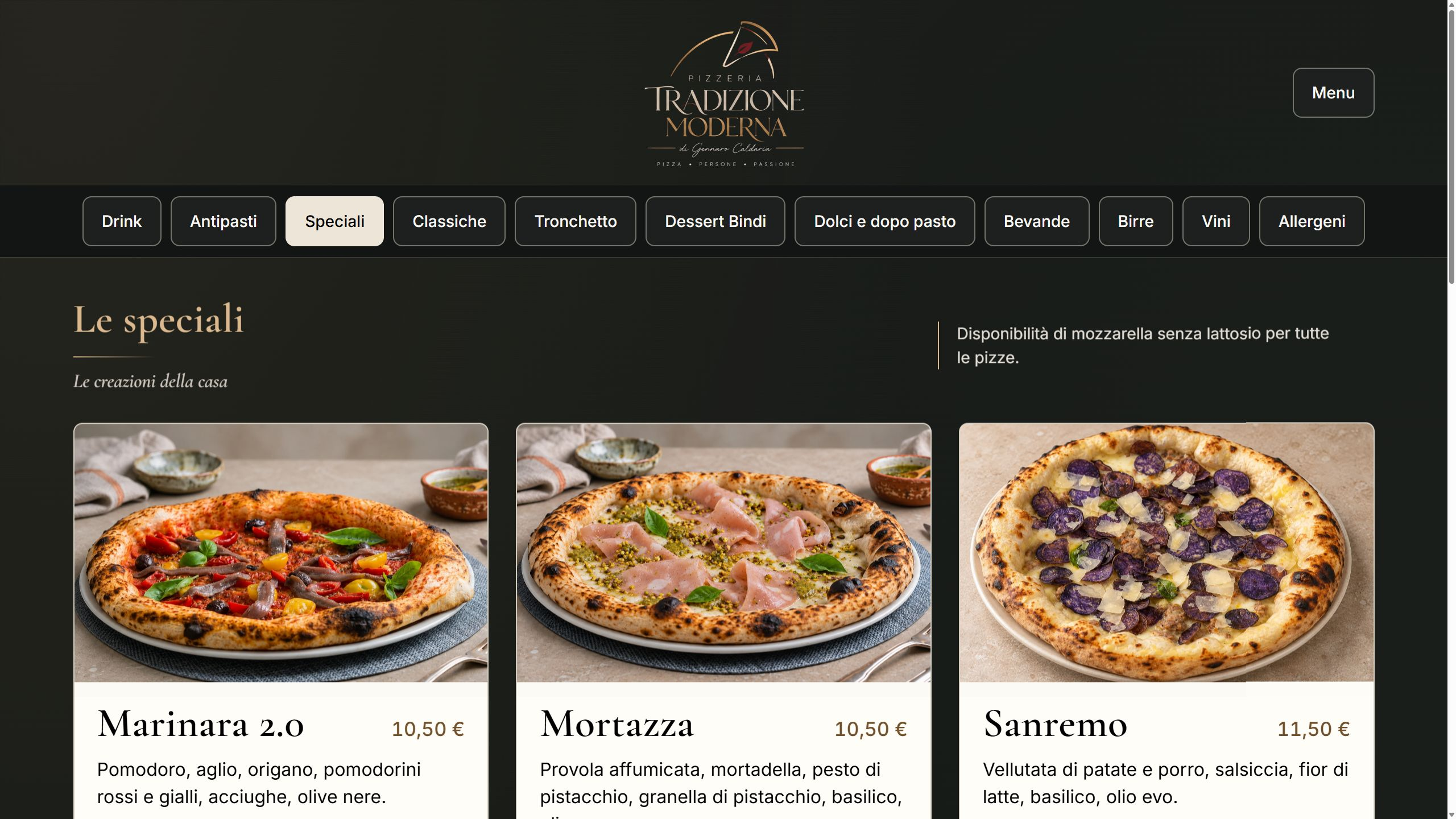 Pizze speciali del menu Tradizione Moderna da computer, con fotografie, ingredienti, prezzi e navigazione per categoria