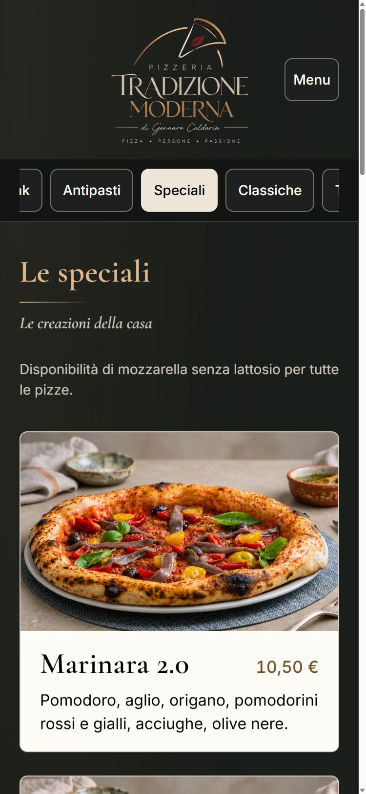 Pizze speciali del menu Tradizione Moderna da smartphone, con fotografie, ingredienti e prezzi
