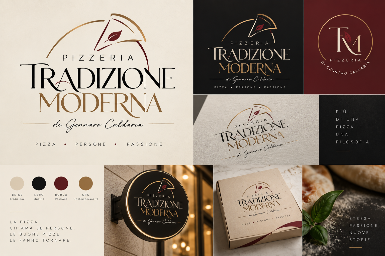 Proposta di identità visiva per Pizzeria Tradizione Moderna: logo, palette beige, nero, bordeaux e oro, mockup di insegna e confezione